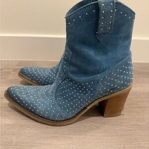 Blue and Brown Heeled Boots with Perforated Detailing